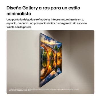 LG OLED evo AI G6, shown from the side, highlights its Flush Fit Gallery Design with a zero-gap wall-mounted installation, displaying a night scene of a lit bridge with reflections on water.