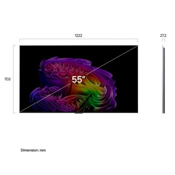 LG OLED evo AI G6 shown in front and side views highlights a 55-inch display with a 1222 mm-wide screen, 703 mm screen height, 787 mm height with stand, a 27.2 mm depth, and a stand footprint measuring 485 by 263 mm.