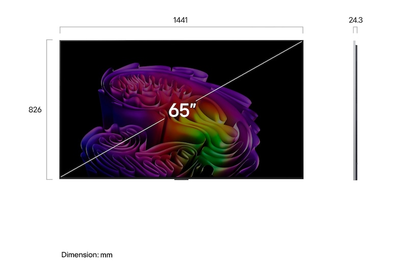 LG OLED evo AI G6 shown in front and side views highlights a 65-inch display with a 1441 mm-wide screen, 826 mm screen height, 910 mm height with stand, a 24.3 mm depth, and a stand footprint measuring 485 by 263 mm.