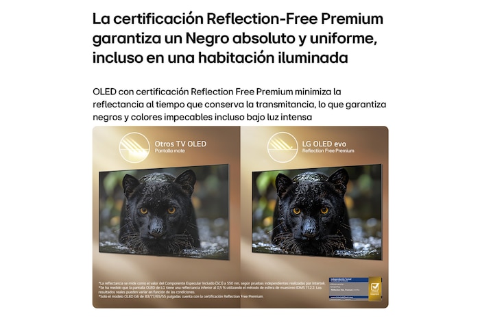 LG OLED evo AI G6 with Reflection Free Premium shows a side-by-side comparison against Other OLED TVs Matte display, keeping the black jaguar image clear with deep blacks and fine texture, especially in bright environments, with an Intertek certification mark shown.