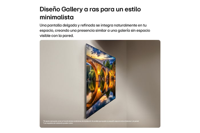 LG OLED evo AI G6, shown from the side, highlights its Flush Fit Gallery Design with a zero-gap wall-mounted installation, displaying a night scene of a lit bridge with reflections on water.