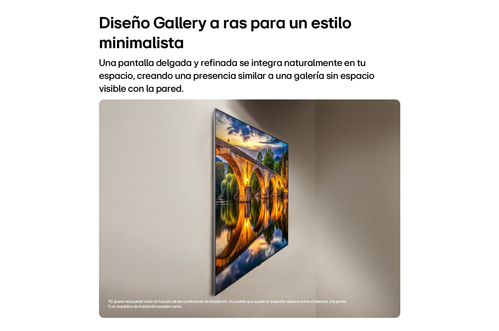 LG OLED evo AI G6, shown from the side, highlights its Flush Fit Gallery Design with a zero-gap wall-mounted installation, displaying a night scene of a lit bridge with reflections on water.