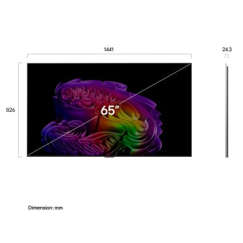 LG OLED evo AI G6 shown in front and side views highlights a 65-inch display with a 1441 mm-wide screen, 826 mm screen height, 910 mm height with stand, a 24.3 mm depth, and a stand footprint measuring 485 by 263 mm.
