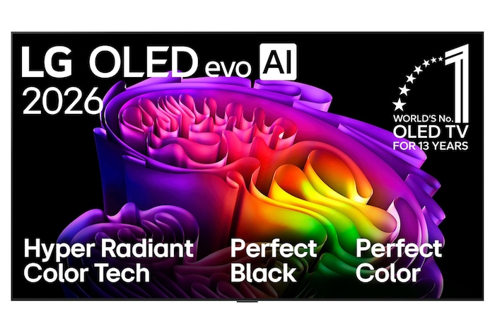 The front view of the LG OLED evo AI G6, released in 2026, displays an image of layered, multicolored forms, featuring Hyper Radiant Color Tech, Perfect Black & Perfect Color, along with the World’s No.1 OLED TV for 13 Years badge.