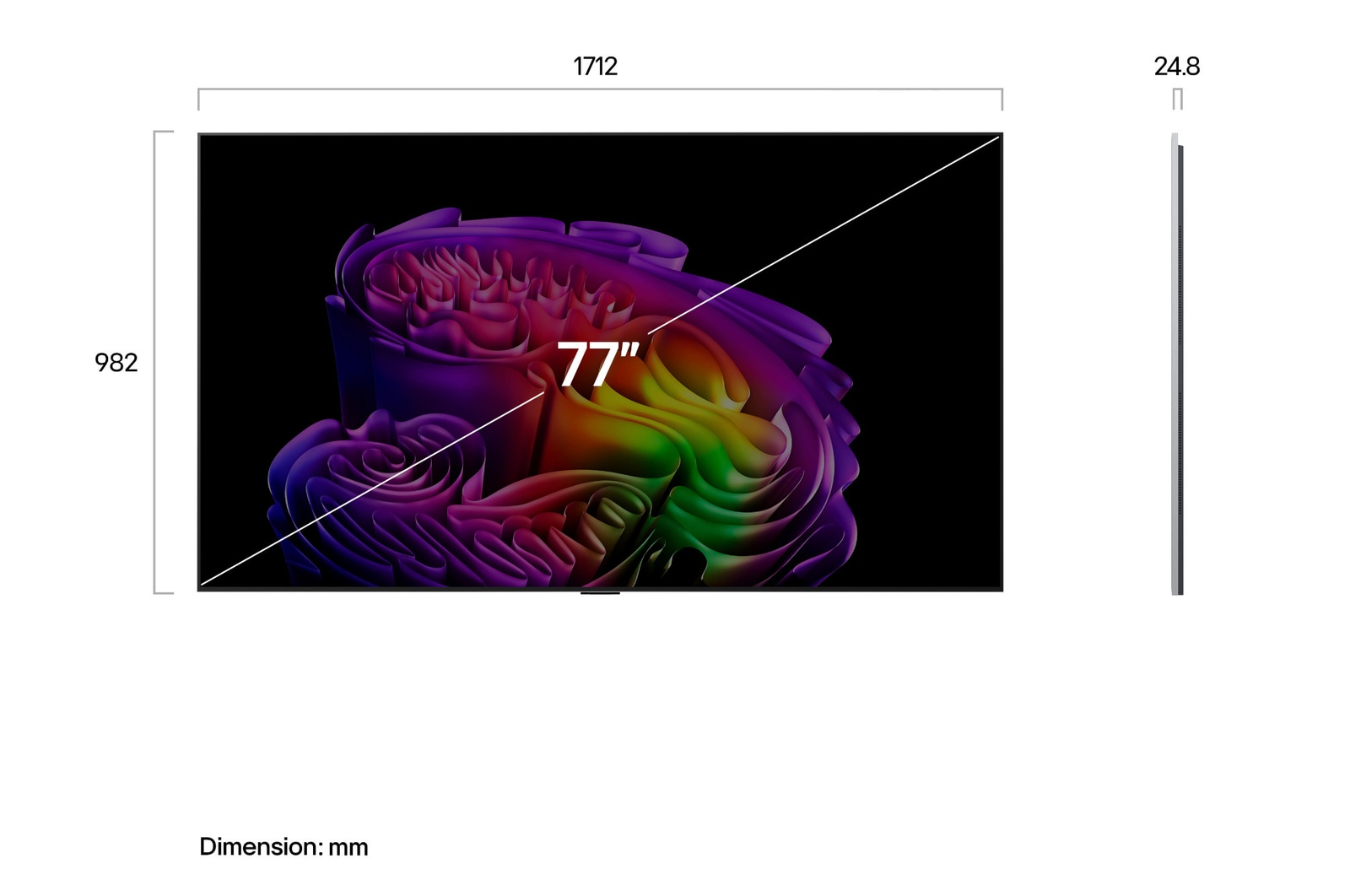 LG OLED evo AI G6 shown in front and side views highlights a 77-inch display with a 1712 mm-wide screen, 982 mm screen height, 1039 mm height with stand, a 24.8 mm depth, and a stand footprint measuring 501 by 321 mm.