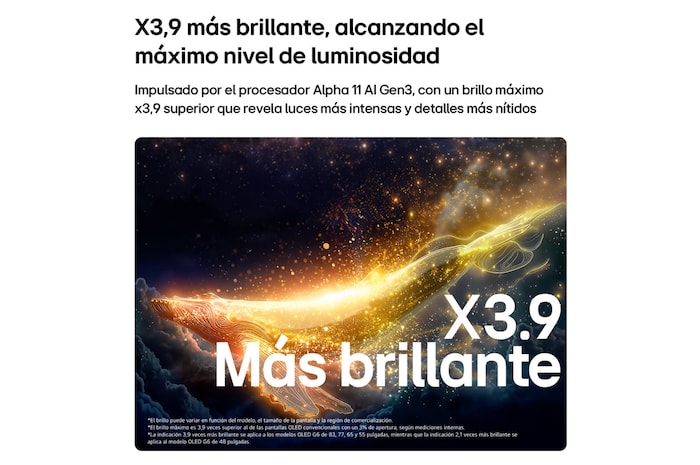 LG OLED evo AI G6 with Brightness Booster Ultra shows a dark scene where a brightly illuminated whale silhouette stands out amid glowing particles, delivering 3.9x Brighter luminance with clearer detail.
