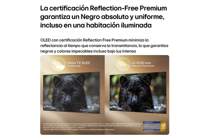 LG OLED evo AI G6 with Reflection Free Premium shows a side-by-side comparison against Other OLED TVs Matte display, keeping the black jaguar image clear with deep blacks and fine texture, especially in bright environments, with an Intertek certification mark shown.