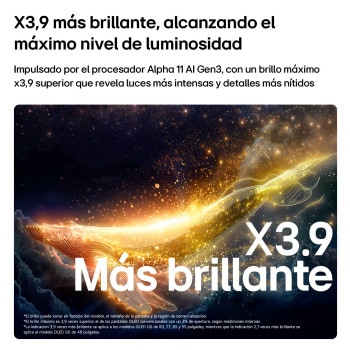 LG OLED evo AI G6 with Brightness Booster Ultra shows a dark scene where a brightly illuminated whale silhouette stands out amid glowing particles, delivering 3.9x Brighter luminance with clearer detail.