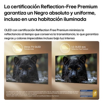 LG OLED evo AI G6 with Reflection Free Premium shows a side-by-side comparison against Other OLED TVs Matte display, keeping the black jaguar image clear with deep blacks and fine texture, especially in bright environments, with an Intertek certification mark shown.