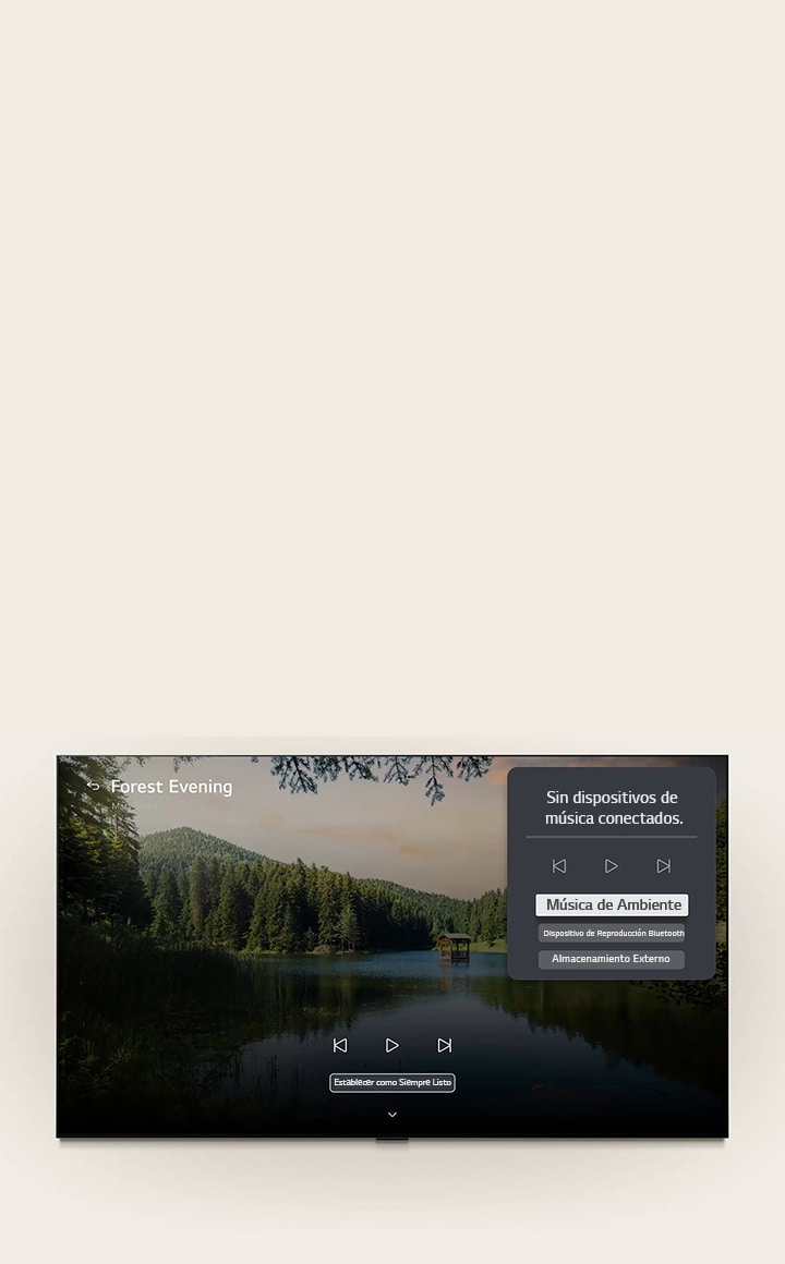 La LG OLED evo AI C6 con LG Gallery+ de LG, junto con BGM y Music Lounge, muestra en pantalla la escena del lago del bosque “Forest Evening”, con un panel de interfaz visible de Music Lounge para música ambiental, reproducción por Bluetooth y controles.