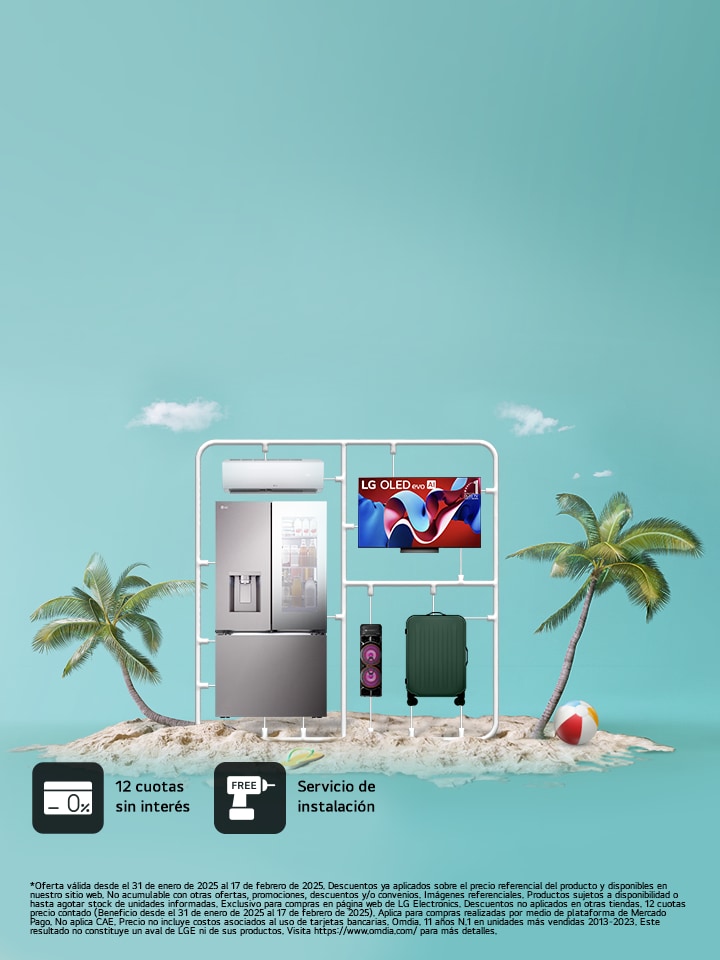 Banner de promociones de verano en LG.com, refrigerador, lavadora secadora, Smart TV, parlantes bluetooth y aires acondicionados
