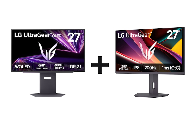 Vista frontal de LG UltraGear™ Monitor gaming OLED de 27 pulgadas + Monitor gaming UltraGear™ IPS QHD 200 Hz de 27 pulgadas 27GX790A-B.27G6001