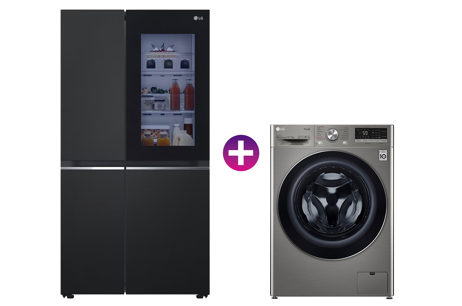 Vista frontal de Refrigerador Side By Side 655L con InstaView™ + Lavadora Secadora 12Kg/7Kg con AIDD™ GS66BVM.WD12001