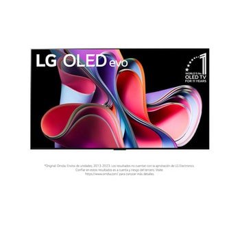 Vista frontal con LG OLED evo, la frase El mejor OLED del mundo por 10 años y el logotipo de 5 años de garantía del panel en la pantalla