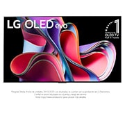 Vista frontal con LG OLED evo, la frase El mejor OLED del mundo por 10 años y el logotipo de 5 años de garantía del panel en la pantalla