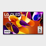 Front view with LG OLED evo TV, OLED G4, 11 Years of world number 1 OLED Emblem, and 5-Year Panel Warranty logo on screen