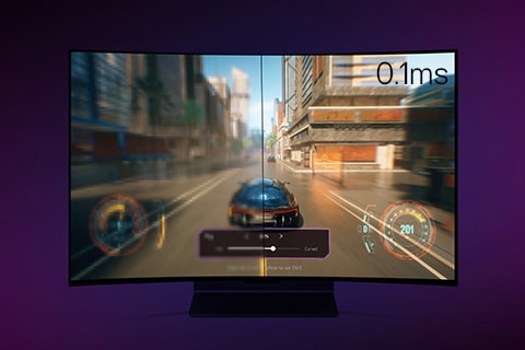 An image of LG OLED Flex with a driving game playing on screen. The display is split in half with a blurry left side and a clear right side showing the effect of 0.1 Response Time.