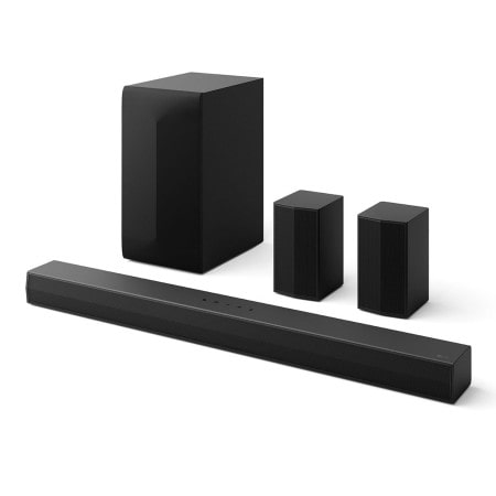 Vista frontal de Soundbar de cine en casa LG de 5.1 canales con sonido envolvente y altavoces traseros S60TR S60TR