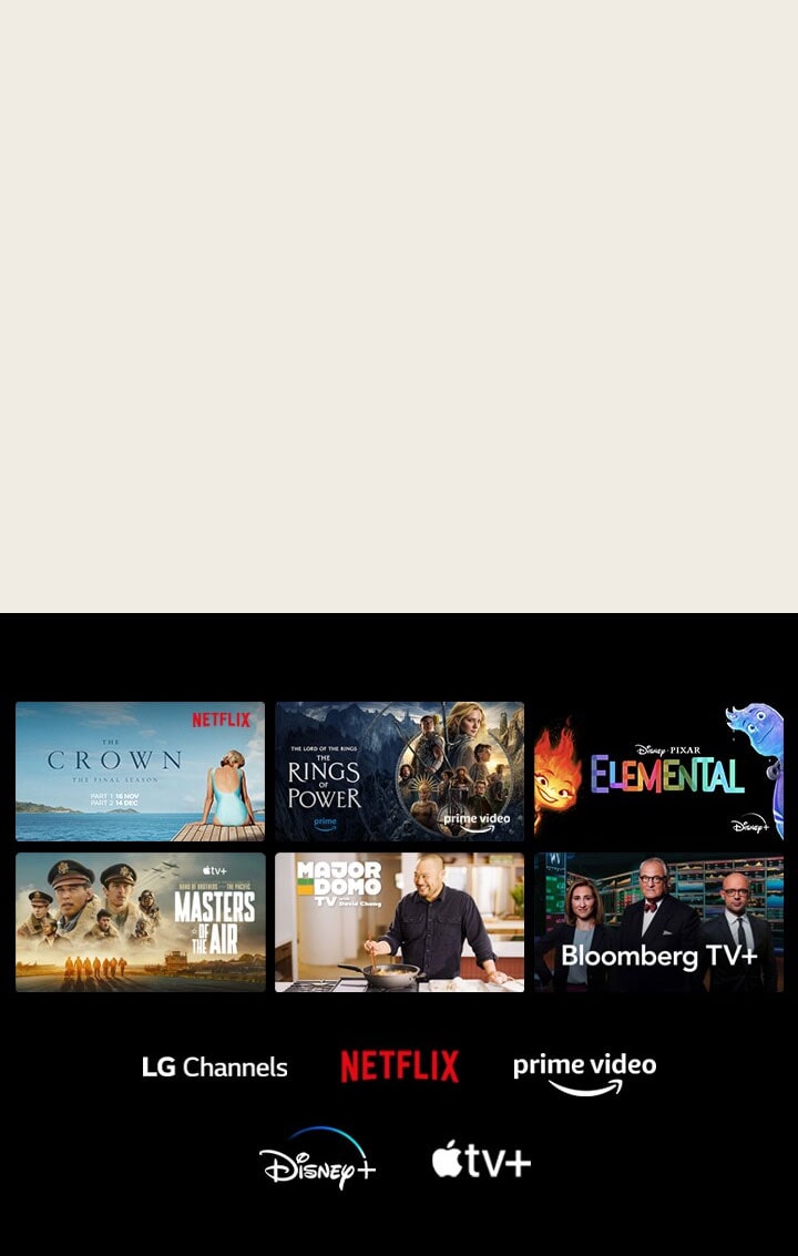 Se muestran seis miniaturas de películas y programas de televisión y los logotipos de LG Channels, Netflix, Prime Video, Disney+ y Apple TV+ se encuentran debajo.