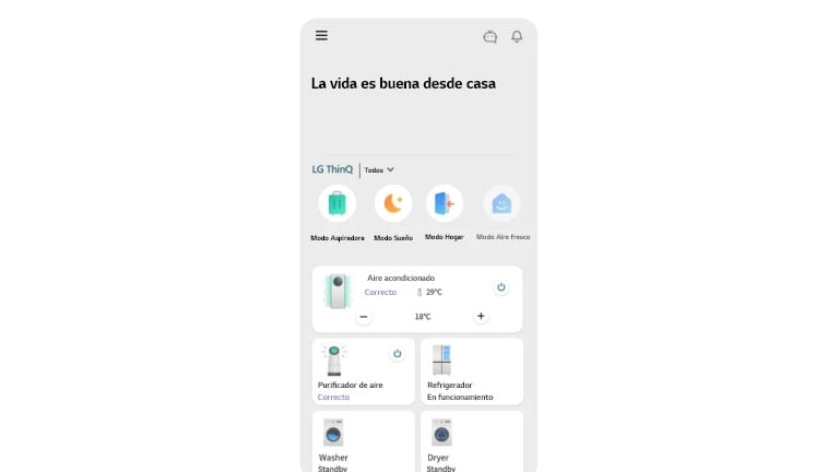 La imagen muestra la pantalla de la aplicación LG ThinQ