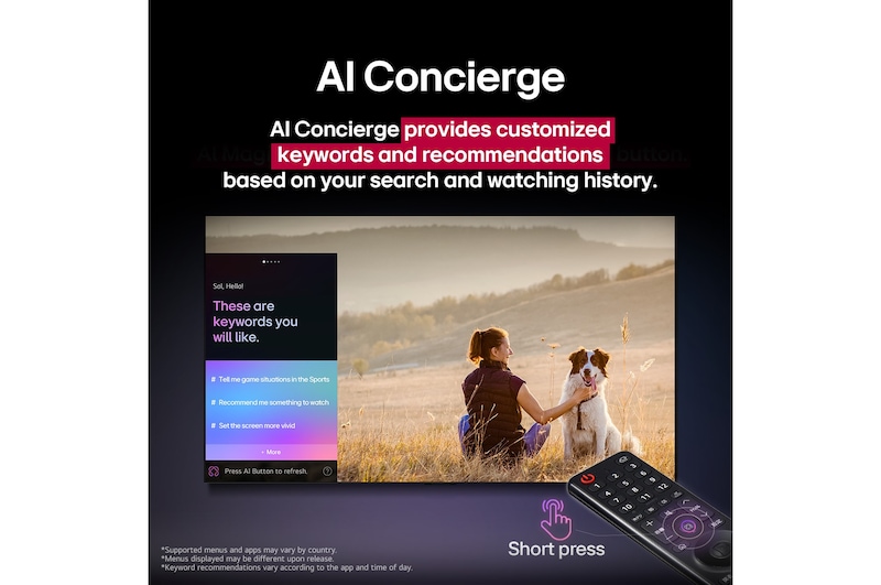 LG AI Magic Remote in front of an LG TV screen. On the screen is a personalized greeting from the LG AI with custom keywords based on the user's search and watch history. By the remote is an icon and label showing that the AI Concierge functionality is easily accessible with one short press on the AI button.