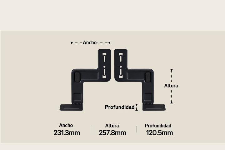 Dos componentes de WOW Bracket en posición vertical sobre fondo beige. La anchura, la altura y la profundidad se etiquetan y se indican mediante flechas. En la parte inferior, las siguientes especificaciones: Ancho 231,3 mm, altura 257,8 mm, profundidad 120,5 mm.