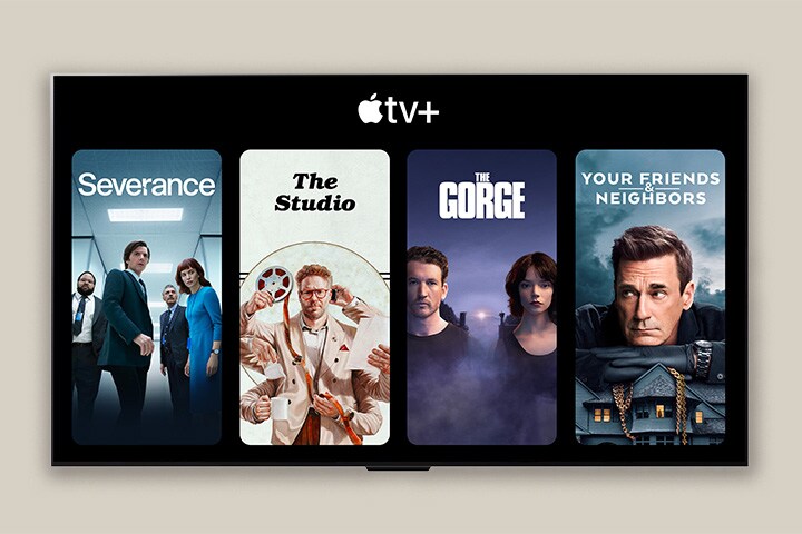 En la LG TV, se muestran miniaturas de cuatro programas de televisión debajo del logotipo de Apple TV+ (Severance, The Studio, The Gorge y Your Friends and Neighbors).