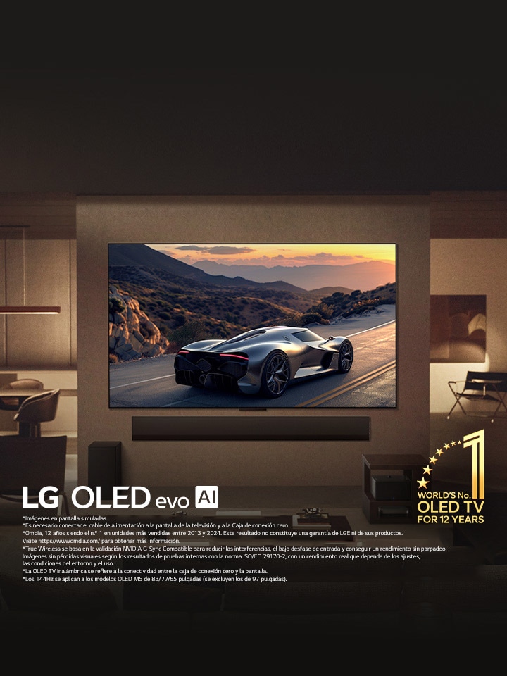 Elegante sala de estar con LG OLED evo M5 TV montada en la pared. Una LG Soundbar debajo de esta. Caja de conexión cero oculta debajo de una mesa de apoyo. No hay cables visibles, lo que demuestra la tecnología True Wireless de la TV. Se puede ver el emblema “OLED TV, número uno del mundo durante 12 años” y el logotipo de LG OLED evo AI. 
