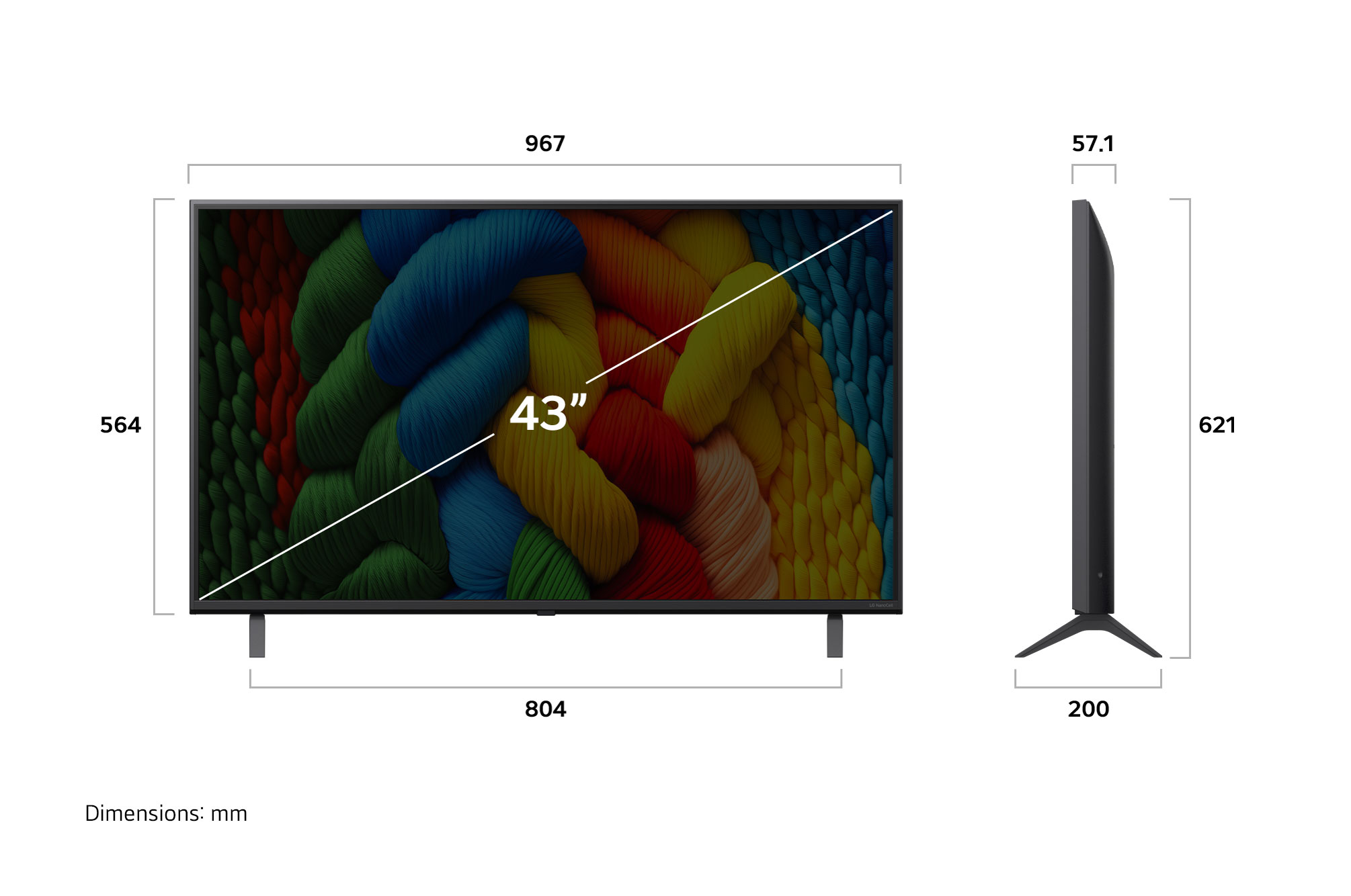 Vista de frente y lateral de la Smart TV LG Nanocell NANO80 AI 4K en la que se ven sus dimensiones de longitud, ancho, altura y profundidad.