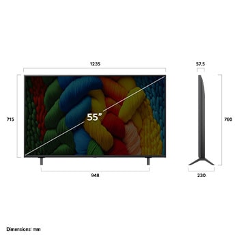 Vista de frente y lateral de la Smart TV LG Nanocell NANO80 AI 4K en la que se ven sus dimensiones de longitud, ancho, altura y profundidad.