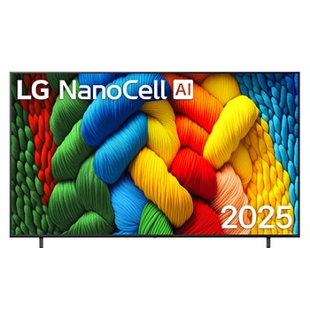 Vista de frente de la NanoCell TV, logotipo de LG NanoCell Al en la esquina superior. La LG NanoCell NANO80 TV muestra coloridas texturas como la pintura que se combinan.