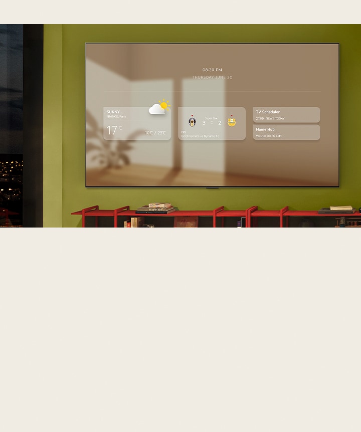 El panel informativo se muestra en una LG TV wall-mounted. Se muestran diferentes funcionalidades, desde actualizaciones meteorológicas, alertas deportivas, programador de televisión, Home Hub y Google Calendar.