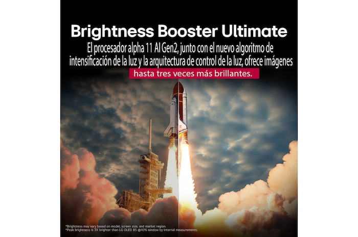 Un transbordador espacial despegando del suelo. La escena se divide por la mitad, con una mitad ligeramente más oscura y apagada. La otra mitad muestra cómo la explosión del cohete es notablemente más brillante, lo que demuestra cómo las imágenes pueden ser más luminosas en una pantalla de la LG OLED TV con la estructura de emisión de luz y la arquitectura de control de iluminación de Brightness Booster Max.
