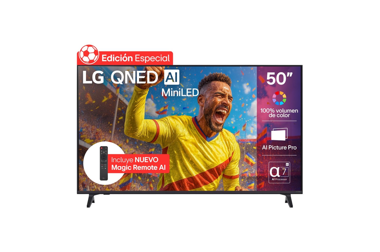 Vista frontal de TV LG 50" QNED Mini LED AI 4K – Especial para fútbol y entretenimiento total 50QNED73ASA