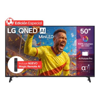 Front view of LG QNED70 TV, LG QNED Al Logo on the top corner. LG QNED TV depicts colorful paintike textures coming together.