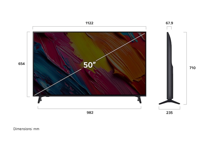 Front view and side view of LG QNED AI QNED70 4K Smart TV showing its length, width, height, and depth dimensions.