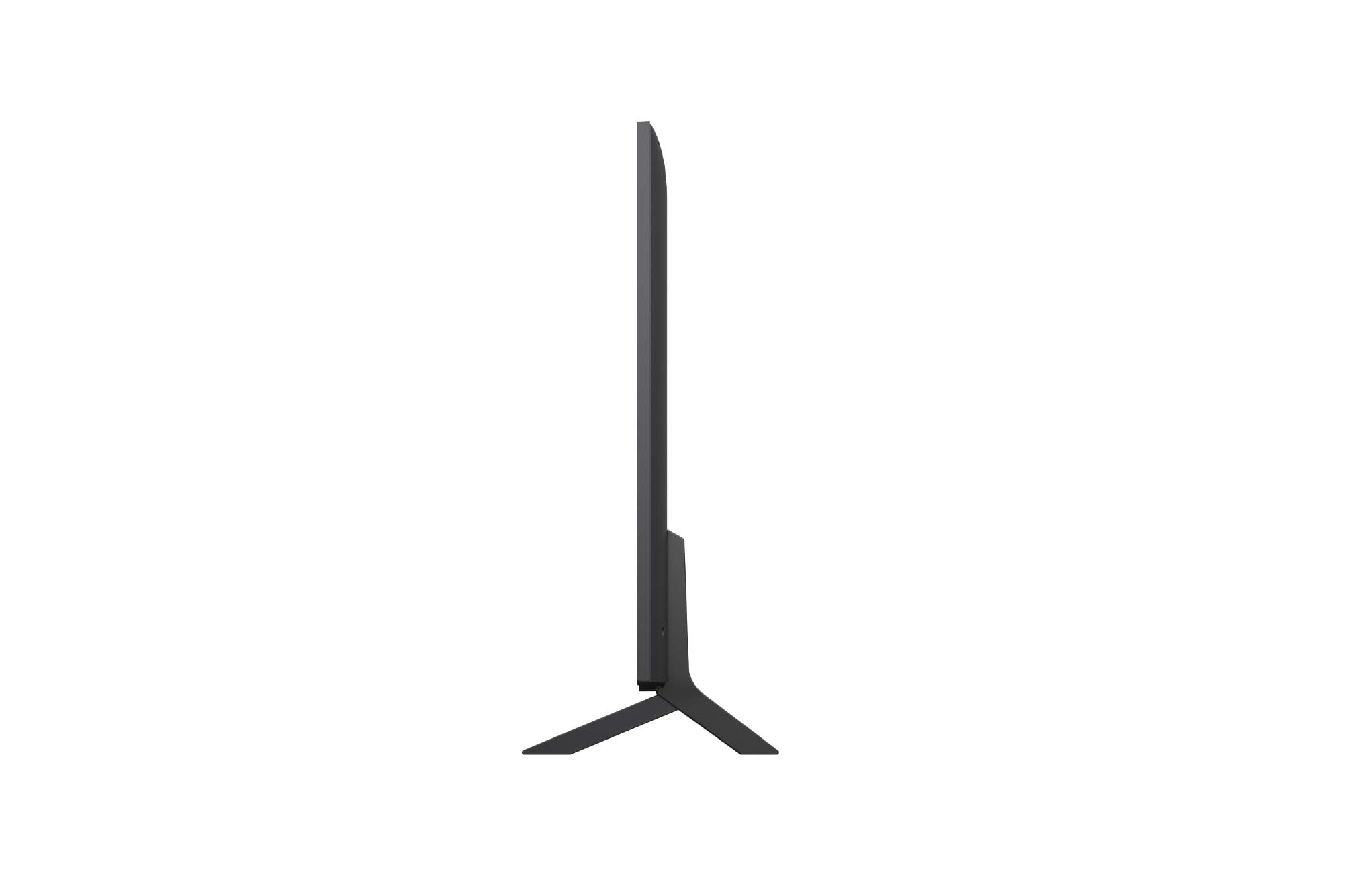 Vista de frente y lateral de la LG QNED AI QNED80 4K Smart TV en el que se ven las dimensiones de longitud, ancho, altura y profundidad.