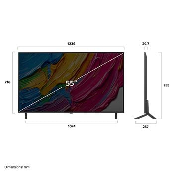 Vista de frente y lateral de la LG QNED AI QNED80 4K Smart TV en la que se ven las dimensiones de longitud, ancho, altura y profundidad.