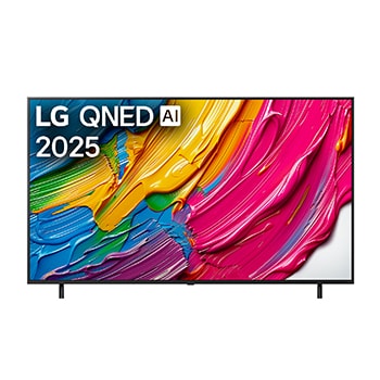 Vista de frente de la LG QNED80 TV, logotipo de LG QNED Al en la esquina superior. En la LG QNED TV se muestran coloridas texturas como de pinturas que se combinan.