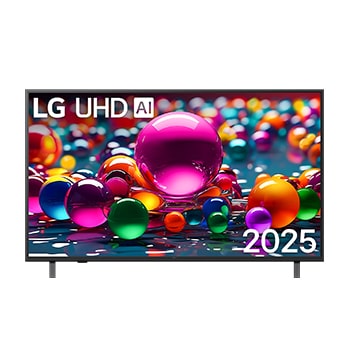Vista de frente de la UHD UA75 TV, logotipo de LG UHD Al en la esquina superior. En la LG UHD TV se muestran coloridas texturas como de pinturas que se combinan.