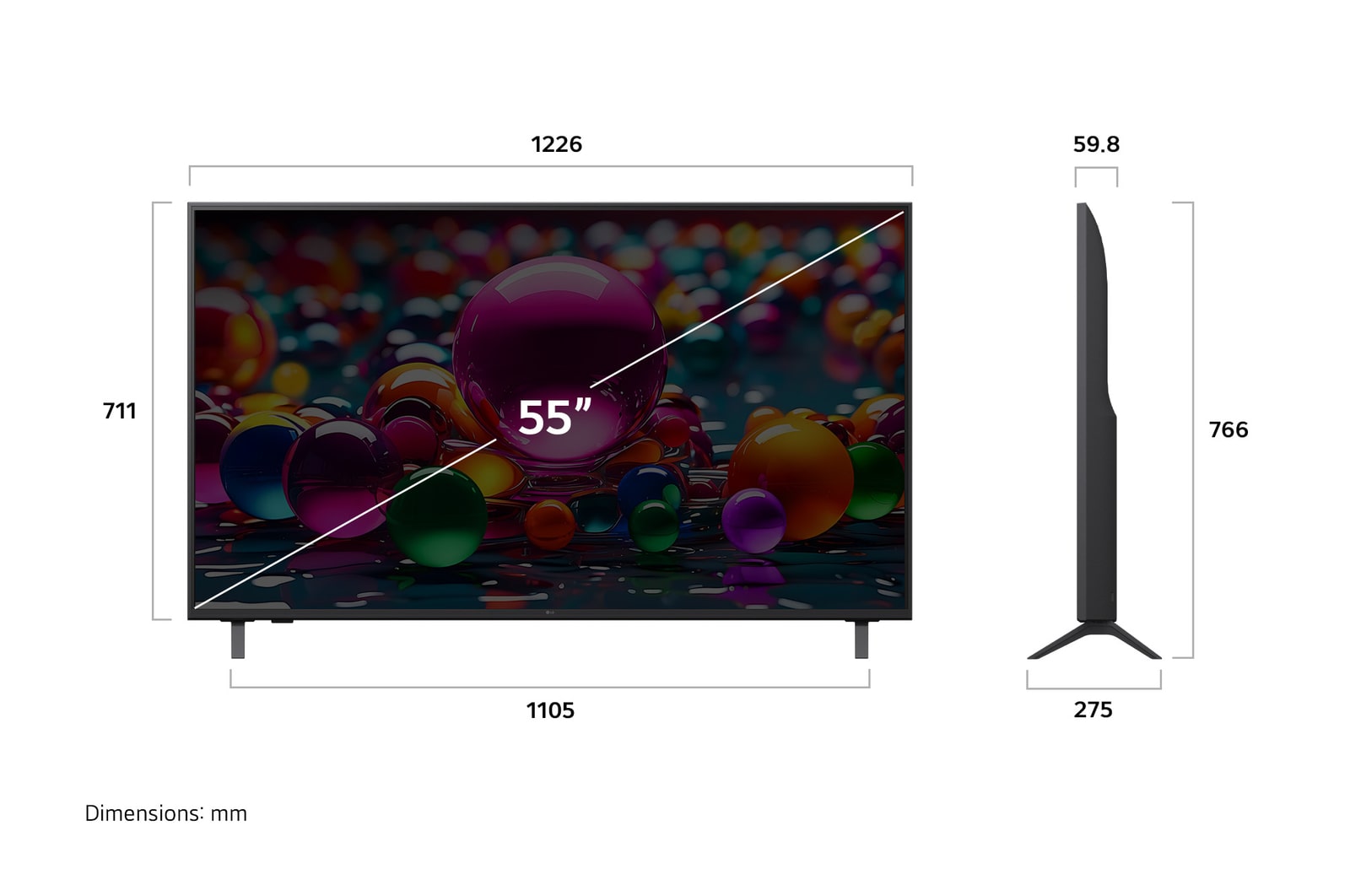 Vista de frente y lateral de la Smart TV LG UHD AI UA75 4K en la que se ven sus dimensiones de longitud, ancho, altura y profundidad.