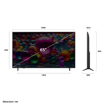Vista de frente y lateral de la Smart TV LG UHD AI UA75 4K en la que se ven sus dimensiones de longitud, ancho, altura y profundidad.