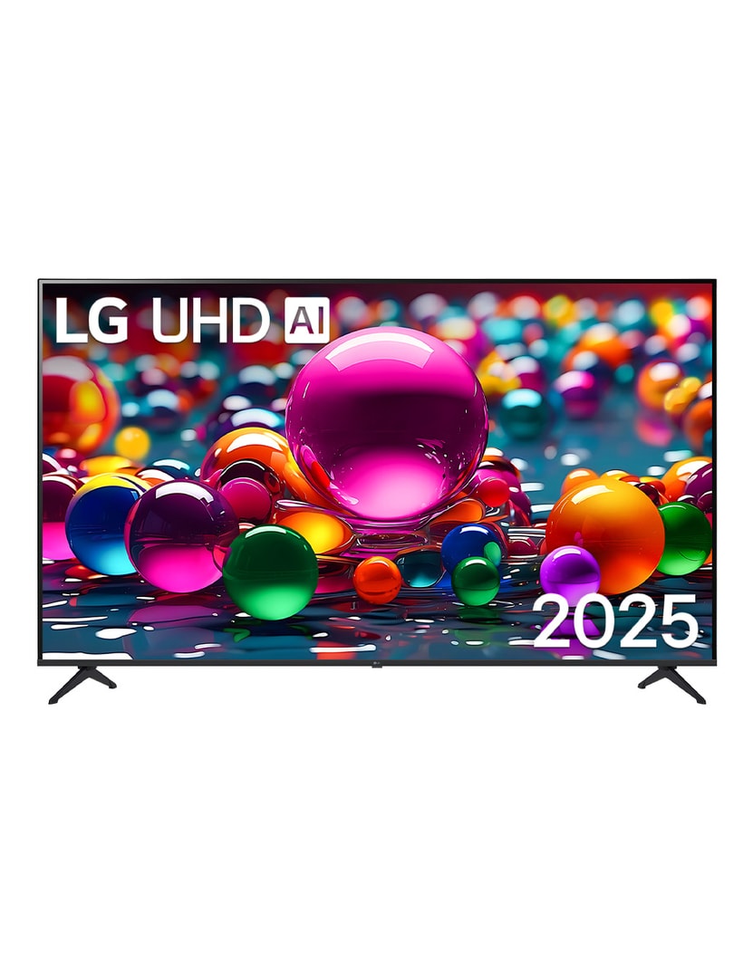 Vista de frente de la UHD UA80 TV, logotipo de LG UHD Al en la esquina superior. En la LG UHD TV se muestran coloridas texturas como de pinturas que se combinan.
