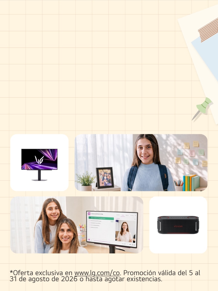 Collage promocional de regreso a clases de LG Colombia que muestra un monitor, un parlante portátil y fotos de una estudiante con su familia sobre un fondo escolar.
