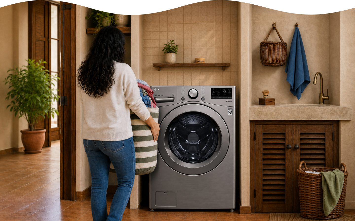 Una mamá lleva una canasta con ropa hasta una lavadora LG de carga frontal en una lavandería residencial