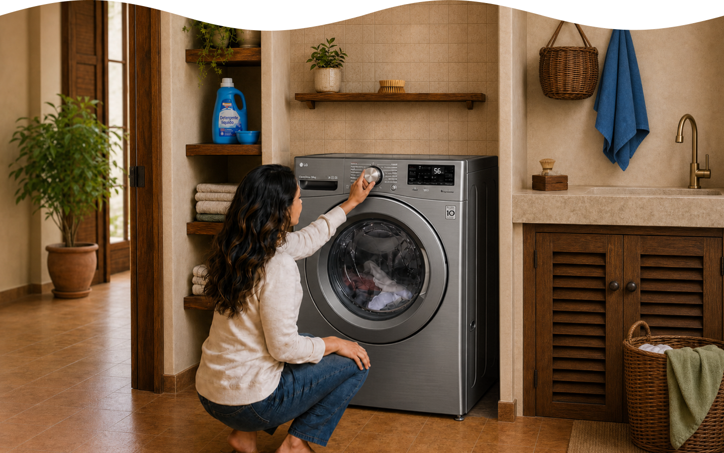 Una mamá ajusta las configuraciones de una lavadora LG de carga frontal en la lavandería