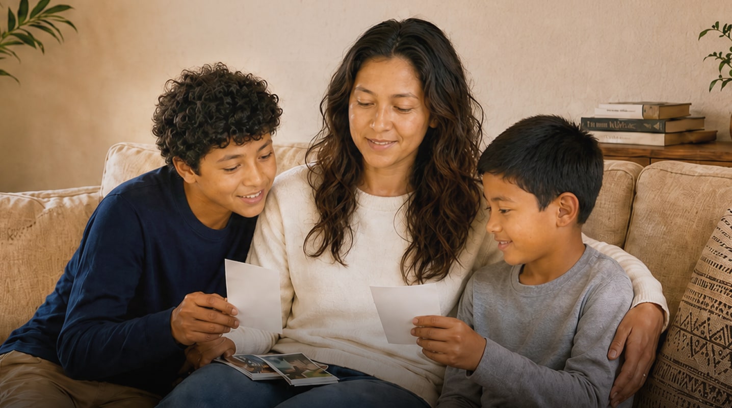 Una mamá comparte recuerdos con sus dos hijos mientras miran fotografías en casa.