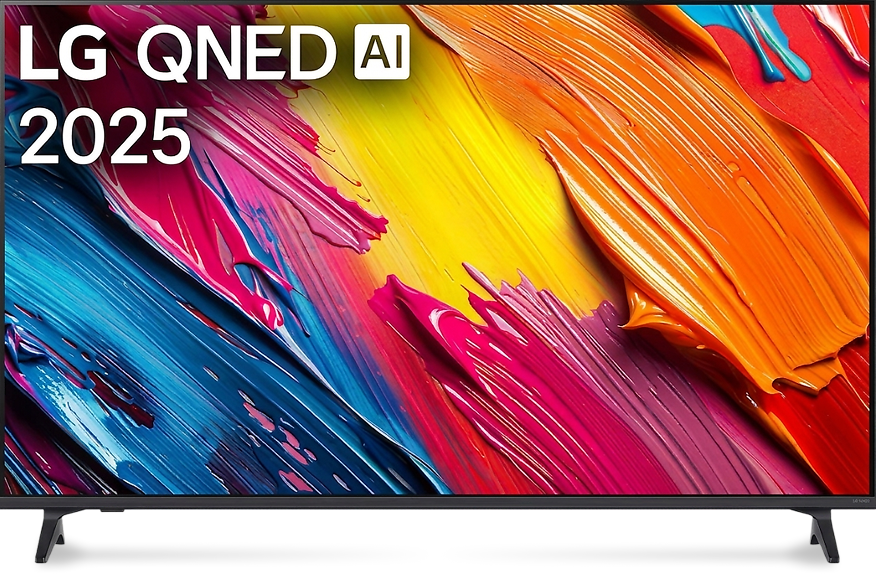 TV LG QNED AI 2025 mostrando una imagen abstracta con pinceladas coloridas en azul, rosa, amarillo y naranja