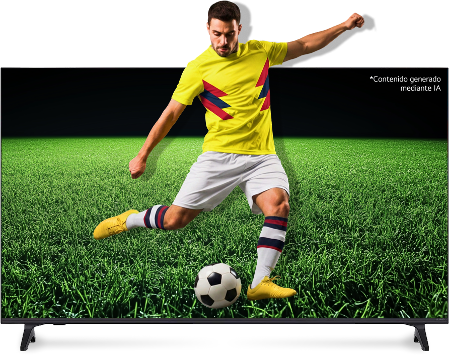 Un jugador de fútbol que parece salir de una pantalla vibrante de TV LG QNED para patear un balón. *contenido generado mediante IA