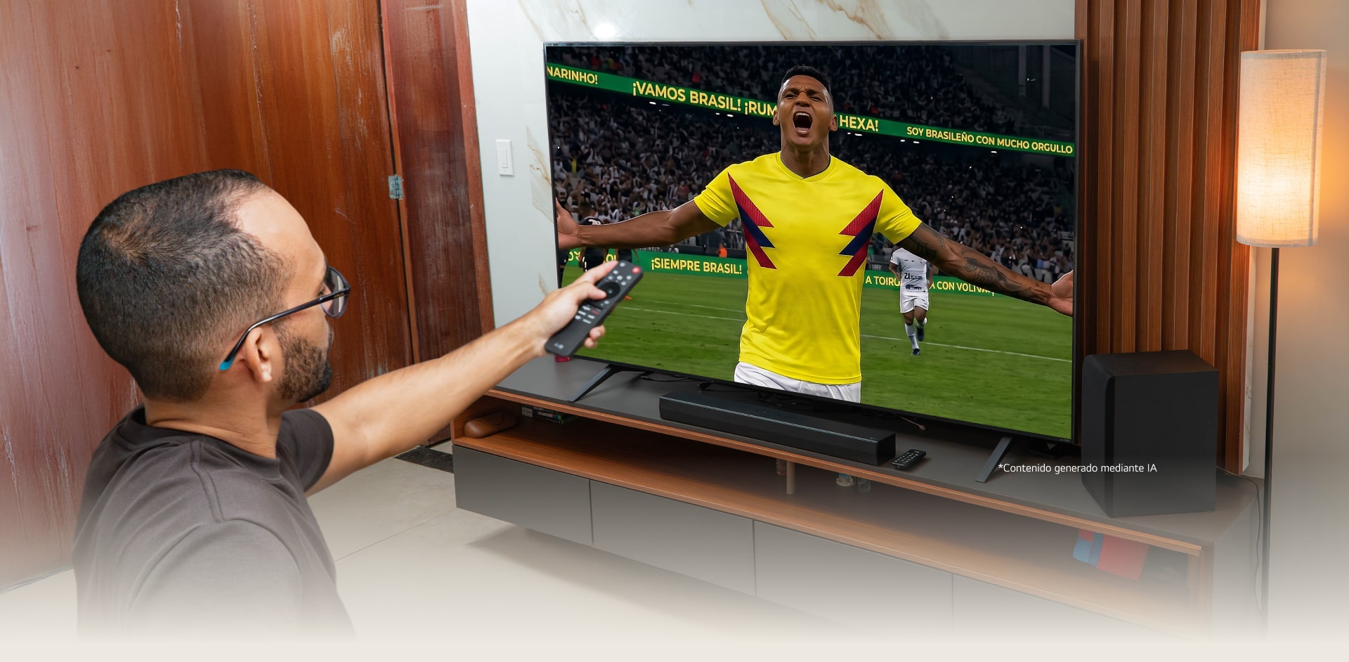 Rapael viendo un partido de fútbol vibrante en una LG QNED TV *contenido generado mediante IA